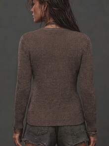 Women's Casual Solid Color Round Neck Knitted Pullover Sweater Long Sleeve Front Slit Sweater Suitable For Wearing In Autumn And Winter. - Brown - View 2
