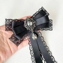 Bowknot Lace Patchwork Shiny Rhinestone Long Ribbon Brooch, Women's Bowknot Collar Accessory, Versatile Clothing Accessory For Shirts And Dresses, Decorative Collar Bow, Holiday Gift - Black - View 7