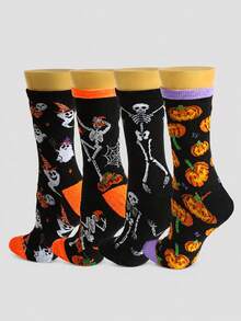 Halloween 4 Pairs Novelty Crew Socks Spooky Ghost Dancing Skeleton Pumpkin Graphic Mid Length Holiday Party Dress Up Socks - Multicolor - View 2