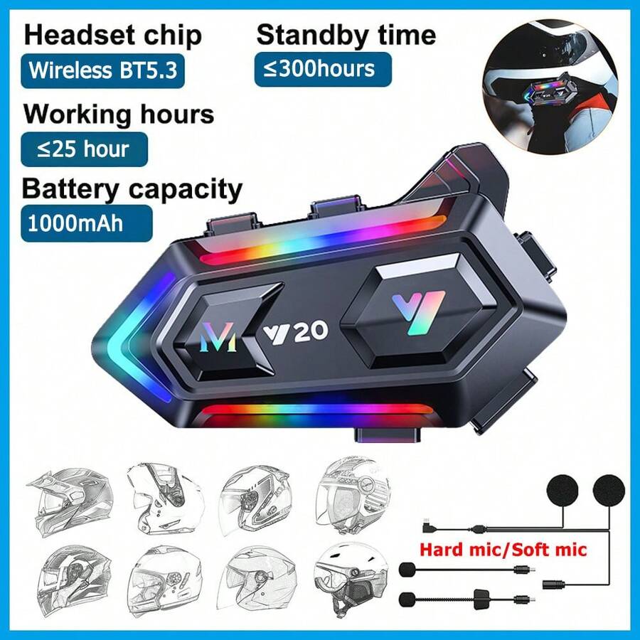 Y20 機車頭盔無線藍牙耳機,BT5.3 藍牙,主動降噪,內置 1000mAh 大容量電池,IPX6 防水等級,支援 AI 語音助手,支援同時連接兩部手機,配備軟麥克風或硬麥克風(無對講功能),戶外騎行首選裝備 - Y20 - 查看 1