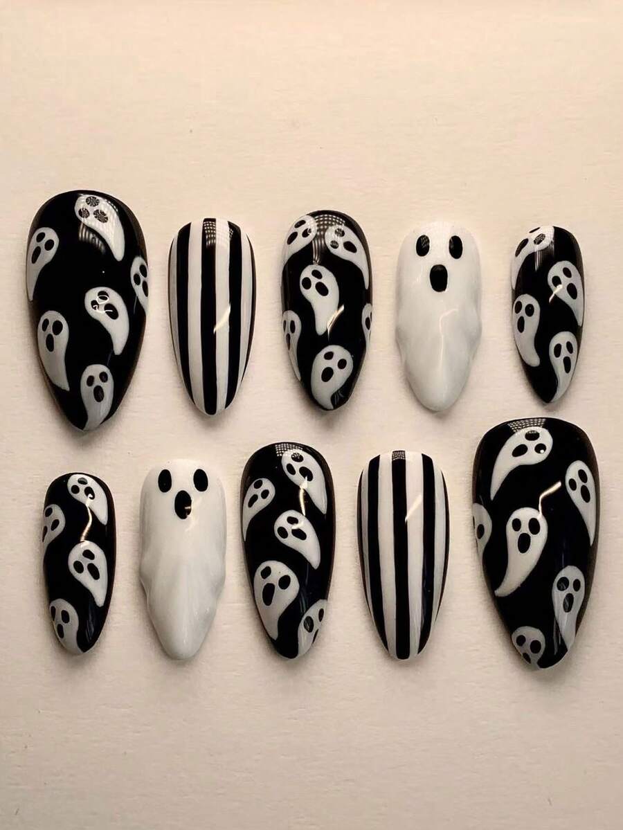 Halloween 30pcs Long Almond Shape Press-On Nails, Black Nails. White Ghost, Striped, Pattern Design, Acrylic Material Set Includes: 1pc Jelly Glue And 1pc Nail File - Multicolor - View 1