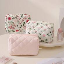 New Girl's Floral Quilted Makeup Bag, Portable Travel Skincare Toiletry Bag, Minimalist Large Capacity Soft Storage Bag - Storage Bag - View 3