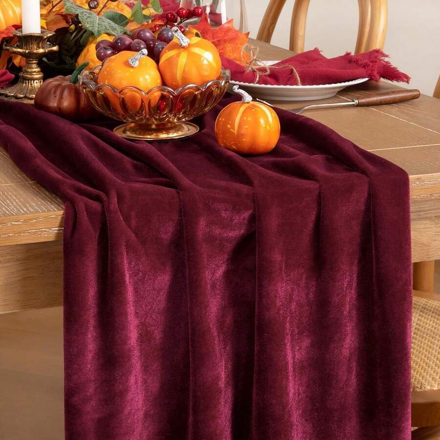 1pc Vintage Burgundy Velvet Table Runner, Drapey Luxury Velvet Fabric, Wedding Thanksgiving Christmas Halloween Home Dining Table Decor Cloth - Multicolor - View 1
