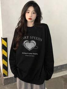 Women's Loose Fit Round Neck Fashion Casual Versatile Letter & Heart Print Long Sleeve T-Shirt, Spring/Autumn - Black - View 5