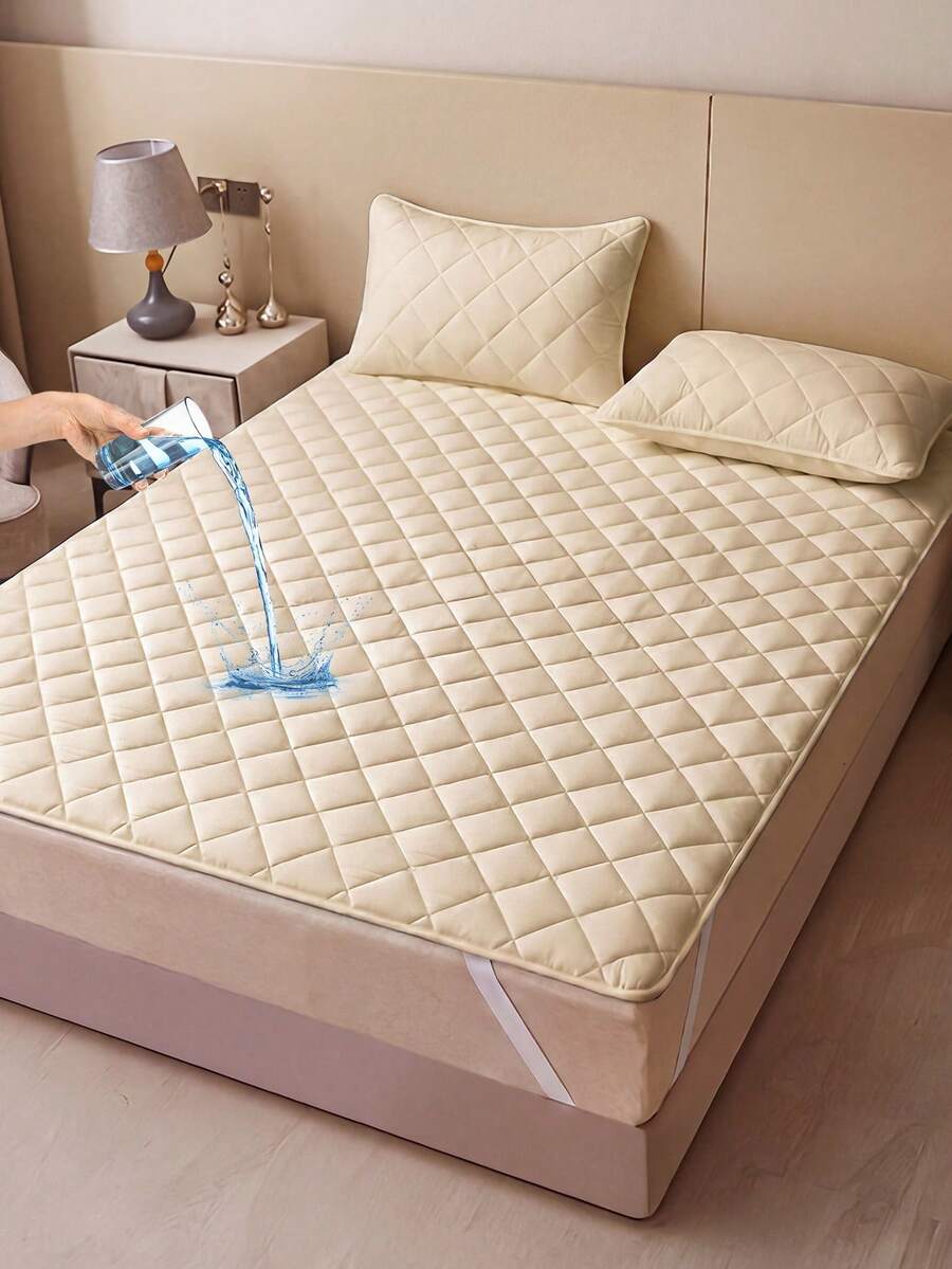1pc Waterproof Dust-Proof Mattress Protector, Quilted Design, With Elastic Band, Suitable For All Seasons, Soft And Comfortable, Breathable, Khaki Color