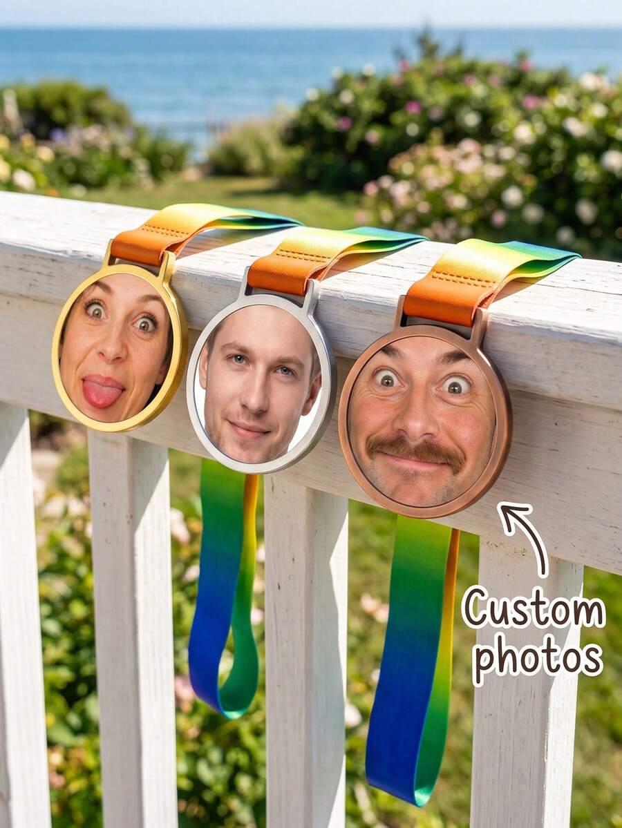 1pc Custom Photo Medal With Rainbow Gradient Ribbon, Custom Face Picture Round Award Medal, Medal Souvenir For Game, Party, Family Competition Prize - Multicolor - View 1