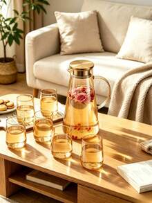 7 Pcs Glass Water Pitcher Set, Pitcher With Filter Lid Comes With 6 Glass Cups, Heat‑Resistant Amber Glass Teapot, Suitable For Serving Cold Water, Fruit Juice And Floral Tea On Dining Tables In Home Living Rooms - Multicolor - View 4