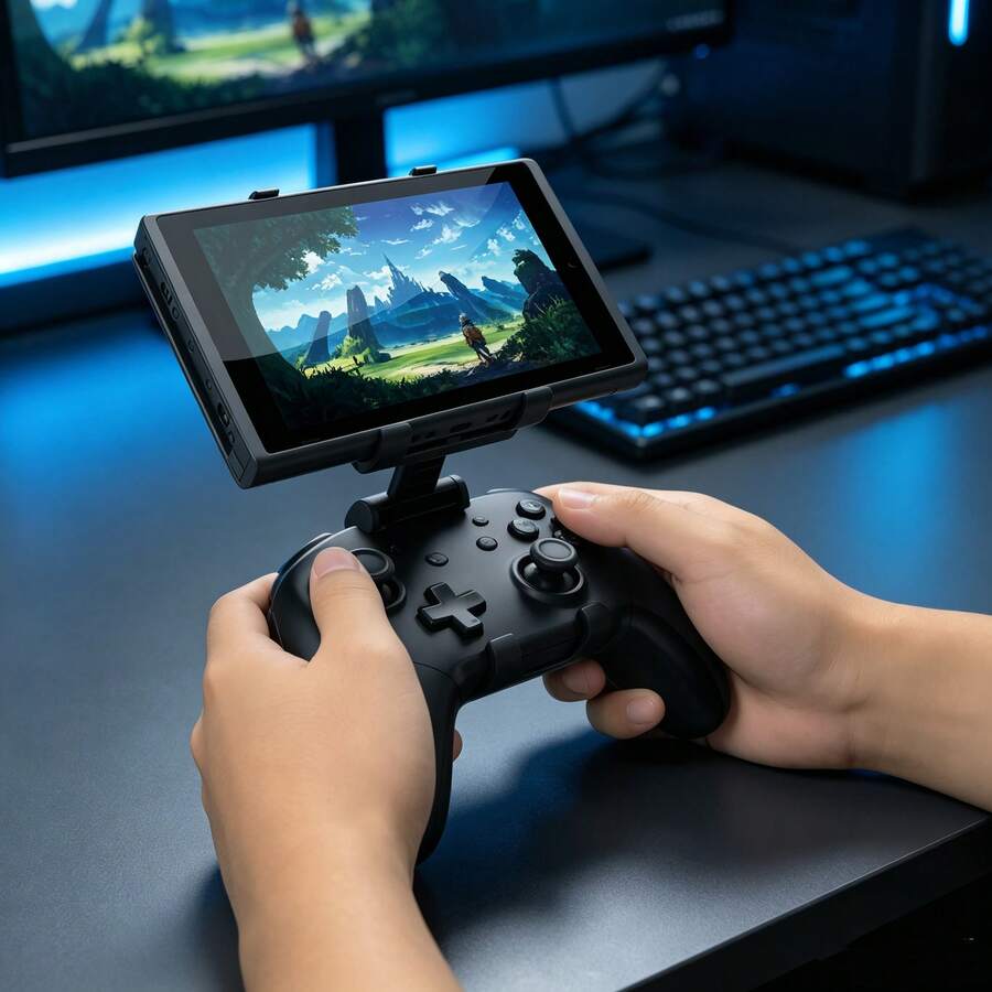 Klip Dudukan Konsol Game dan Kontroler NS Pro yang Kompatibel dengan Switch OLED dan Kontroler Pro, Klip Penyangga Game Video yang Dapat Diatur, Penjepit Aksesori Game Standar, Hitam - View 1