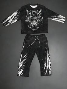 Plus Size Men's 2 Pieces Set, Men's Wide Leg Pants, Long Sleeve Graphic T-Shirt, Streetwear "Tiger Head Brushstroke Flame Print" Pattern Outfit - Polyester Fabric, Drawstring, Pockets, Suitable For Plus Size - Black - View 2