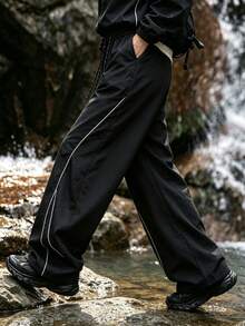 Hardcore Outdoor Side Line Patchwork Wide Leg Men's Long Pants, Outfit, Hiking Jogging Trousers - Black - View 4
