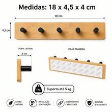 Gancho Adesivo de Parede em Bambu com 5 Ganchos Até 5 KG - Multicolorido - Visão 7