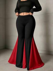 Fashion Plus Size Black Flare Pants, Red Patchwork Long Knit Trousers, Medium Stretch Comfortable Fit - Red - View 2