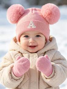 3pcs/Set Baby Letter Knit Hat And Gloves Set, A-Z Double Pom Pom Knit Hat + Knit Gloves, Elastic Warm Winter Accessories, Suitable For Baby Toddler Girls - Pink - View 11