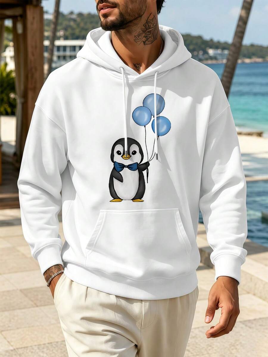 Men's Penguin Print Hoodie, Soft Cotton, Loose Fit, Hip-Hop Street Style, Breathable. - White - View 1
