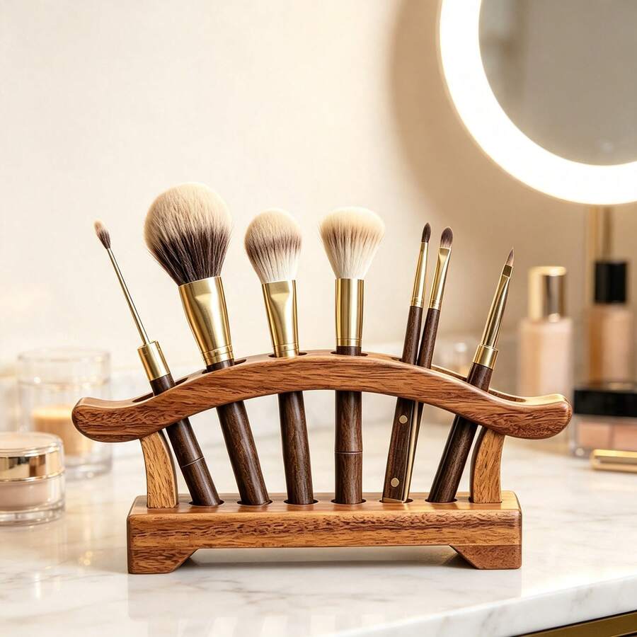 1pc Walnut Wood Tea Set Storage Rack, Six Gentlemen Tea Utensil Holder, Tea Art Decor, Makeup Brush Storage Display Stand, Suitable For Tea Room, Vanity, Desktop Organization