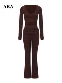ARA Women's Autumn Brown 2 Pieces Set, V-Neck Long Sleeve Ruched Cropped Top and High-Waisted Long Sleeve Flare Pants, Back Ruched Detail Loungewear & Sportswear - Coklat - View 8