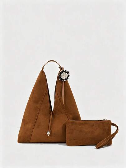 Caramel Brown Suede V-Shaped Triangle Mother-Daughter Tote Bag With Matching Material Handle, Small Pouch, Drawstring Metal Pendant, Vintage Shoulder Large Bag, Without Pearl Flower Charm, Suitable For 18-40 Years Old Female College Students, Commuting, Travel, Vacation, Shopping, Storage For Books And Cosmetics, Maillard Relaxed Style, Versatile Large Capacity Suede Handbag