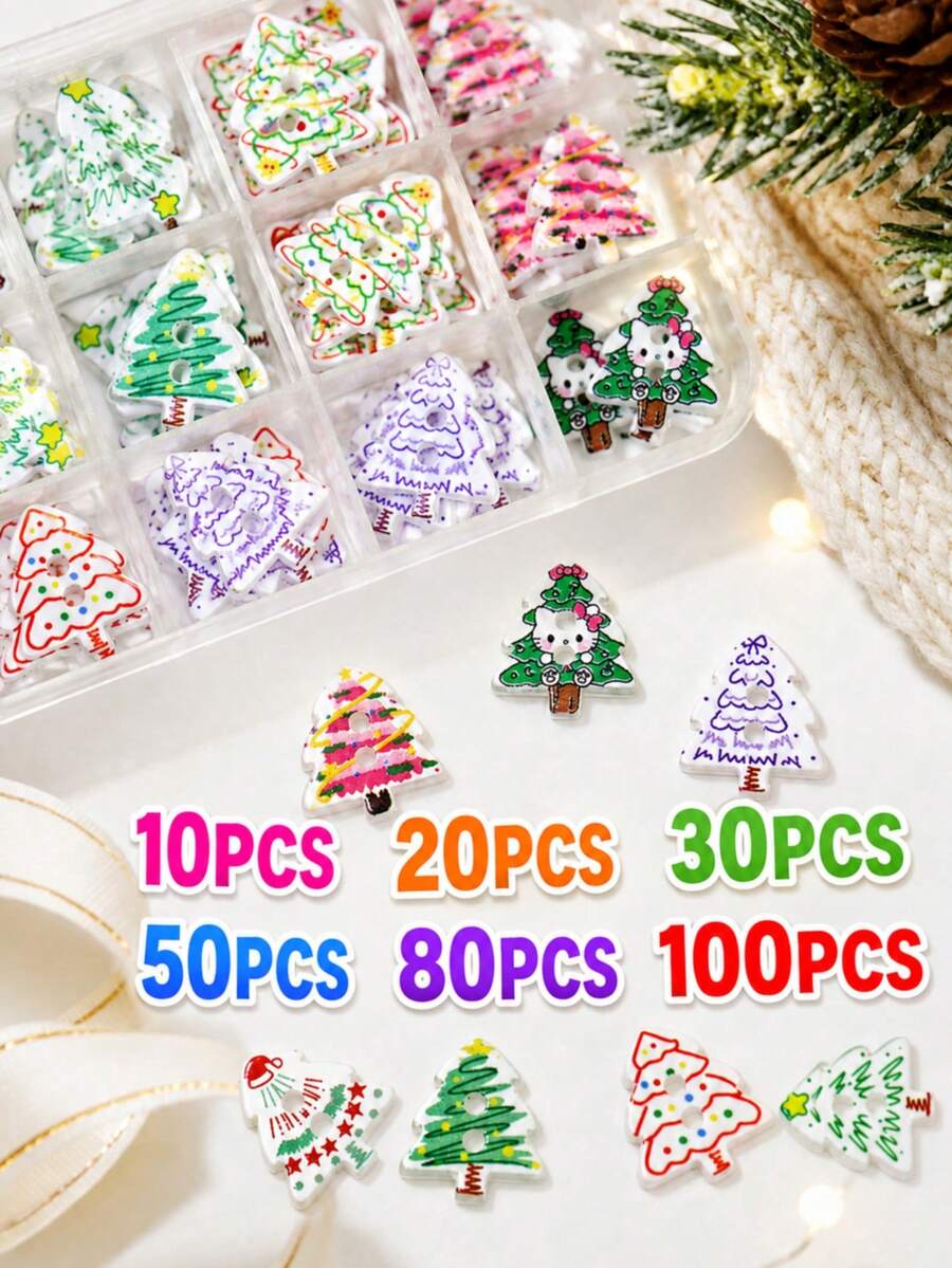 10/20/30pcs Christmas Tree Buttons, 8 Mixed Styles Decorative Sewing Buttons, 2 Hole Wooden Style Craft Buttons For DIY Handmade Projects, Knitting, Crochet, Sewing Accessories, Holiday Party Decoration Supplies, Festive Craft Embellishments - Multi-color - View 1