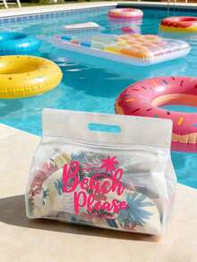 透明沙灘包，大容量「Beach Please」字母印花果凍托特包，防水防沙拉鍊設計，可收納泳衣、毛巾、防曬霜與個人用品，適用於海灘度假、泳池派對、露營野餐、短途旅行場景，適合學生、女孩日常使用，七夕節、生日、母親節、畢業季、開學季、教師節、夏季節慶禮物，亦可作為盥洗包、購物袋、旅行收納袋，輕量透明單肩包 - 彩色 - 查看 24