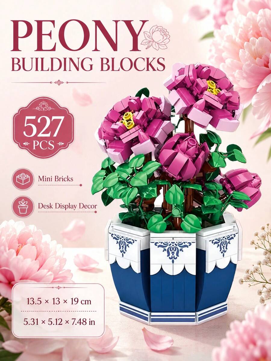 1 Set 527PCS Peony Flower Mini Building Blocks, Pink Potted Plant Botanical Building Block Set, DIY Creative Build, Desk Display Decor, Home Office Shelf Ornament, Gift Idea - Clear - View 1