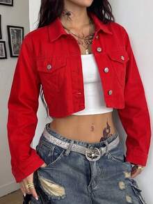 Women's Red Cropped Denim Jacket Vintage Style Long Sleeve Bomber With Collar Casual Fall Outerwear - Red - View 3