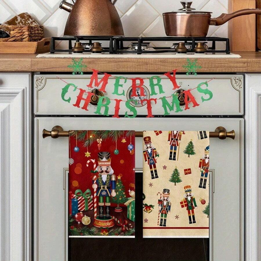 1/2 Set Of Kitchen Hand Towels With Soldier And Christmas Tree Patterns, Decorated With Balls. Durable Indoor And Outdoor Decorative Towels, Suitable For Kitchen, Furniture, Christmas Party Decoration, Holiday Themes, And Home Decor.