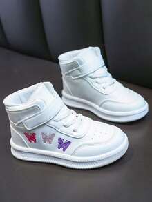 High-Top White Sneakers Cute Embroidery Hook And Loop Strap Soft Sole Anti-Slip Kids Casual Sports Shoes - White - View 6