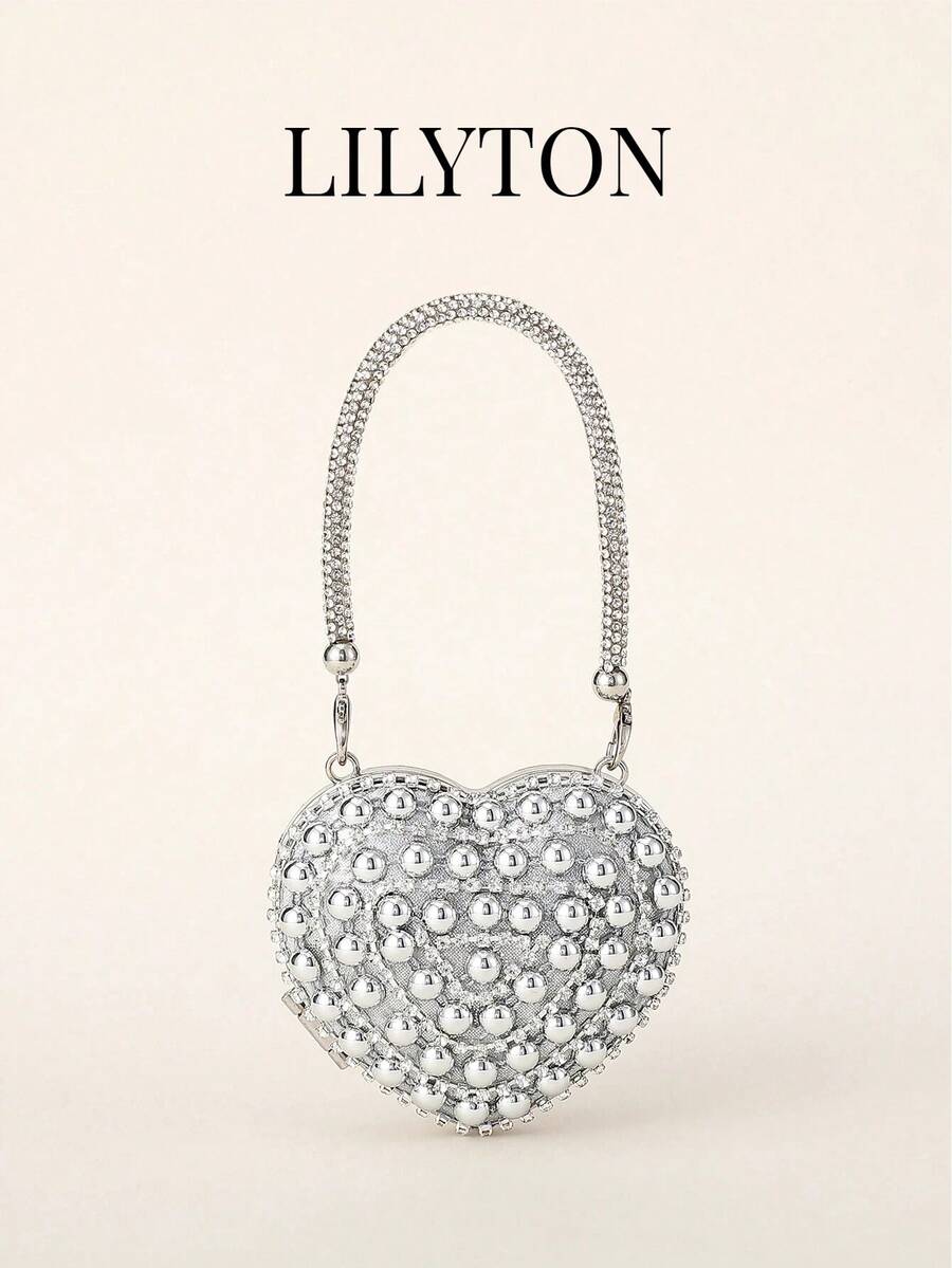 1 pieza Bolso de noche con cadena en forma de corazón brillante, bolso bandolera, adecuado para banquetes, fiestas, bodas, bolso de hombro de moda, regalo de cumpleaños, regalo del Día de San Valentín, bolso de fiesta - Diseñado especialmente para fiestas, bodas, bailes y cenas de noche - Plateado - Ver 1