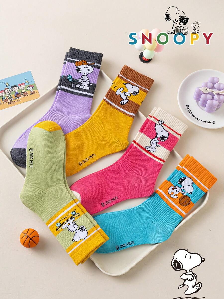 1/5/10 Pairs Snoopy Colorblock Striped Mid-Calf Sports Socks, Cute Cartoon Christmas Puppy Winter Socks For Men - Multicolor - View 1