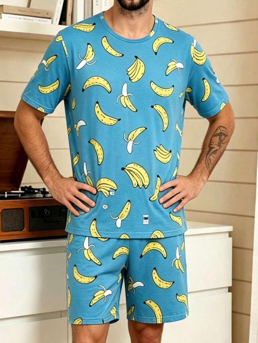 Men's Pajama Set, Round Neck, Thin, All-Over Banana Print, Short Sleeve, Shorts, 2 Pieces Set, Summer, Fun, Quirky, Fresh, Men's Loungewear - Multicolor - View 1