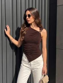 Buzzelle 1pc Women's Solid Color Asymmetrical Asymmetric Shoulder Sleeveless Top, Asymmetric Hem, Business Casual, Street Fashion, Summer Brown - Brown - View 4