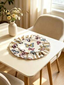 HXARTMIS 4/6/12/24/36PC Vintage Butterfly Print Round Scalloped Edge Placemats, Washable Heat-Resistant Table Mats, Suitable For Home, Party Decoration Dining Table Mats - Beige - View 1