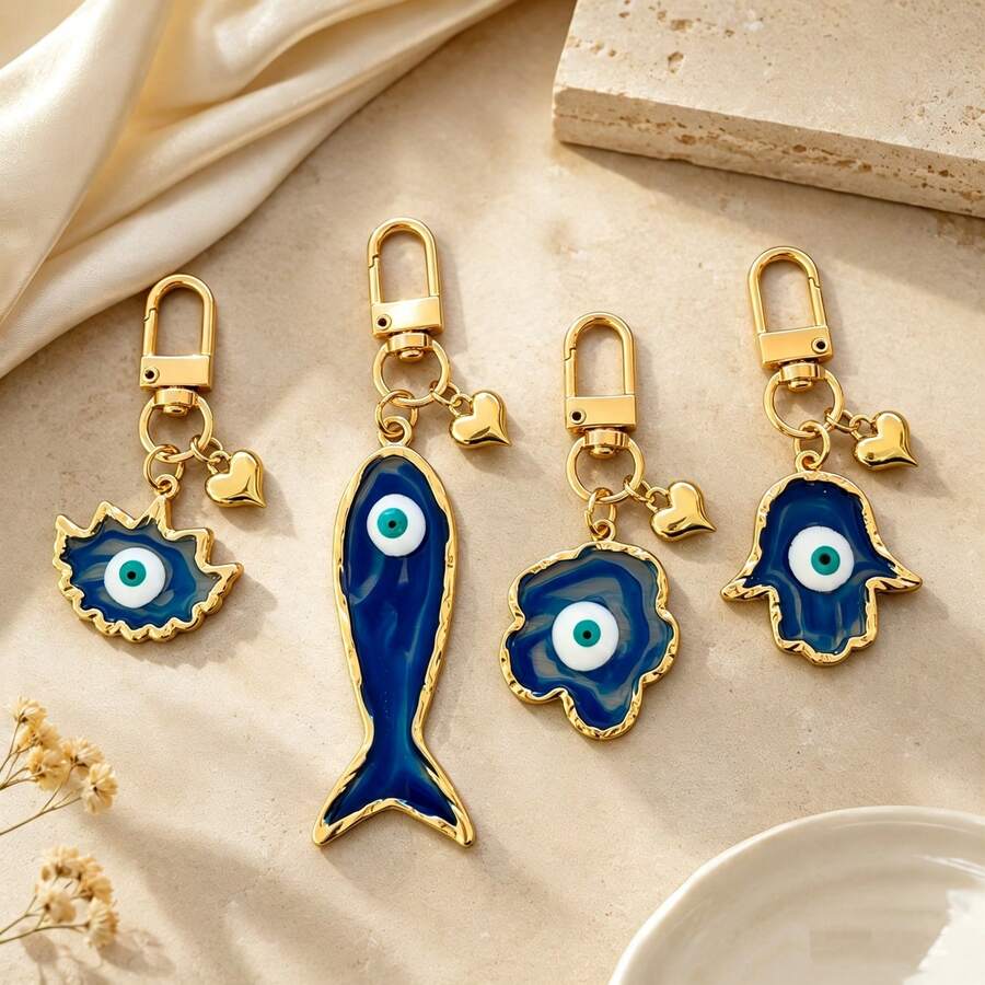 1件/4件 中性樹脂土耳其藍眼漸層吊墜 DIY復古惡魔之眼飾品 3D心形鑰匙圈創意包包掛飾 - 藍白色 - 查看 1