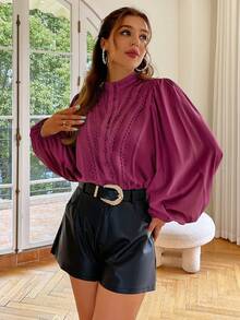 Simplee Women's Autumn Solid Color Lantern Sleeve Long Sleeve Blouse, Elegant Top, Back To School, Teacher Outfit - Red Violet - View 2