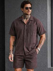 Men's Brown Patch Pocket Vacation Style Short Sleeve Shirt And Shorts Casual Set - Coffee Brown - View 1
