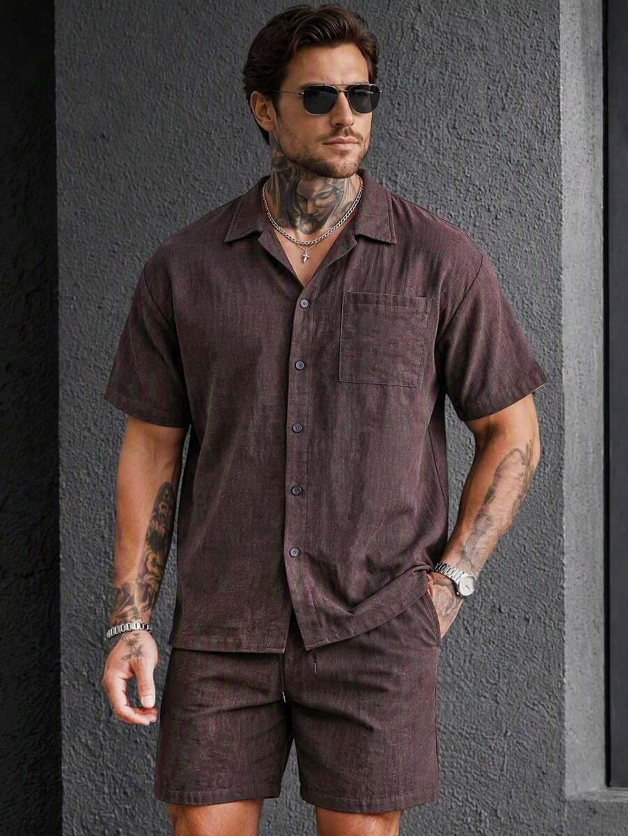 Men's Brown Patch Pocket Vacation Style Short Sleeve Shirt And Shorts Casual Set - Coffee Brown - View 1
