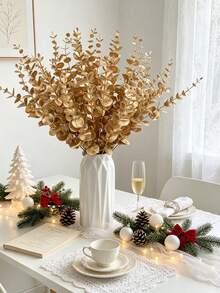 10/50/800pcs 14.96 Inch Artificial Eucalyptus Stems, Eucalyptus Branches, Wedding Bouquet, Home Decor, Christmas Home Decor, Living Room Bedroom Decor, Holiday Birthday Party Accessories, Christmas Decorations - Gold - View 4