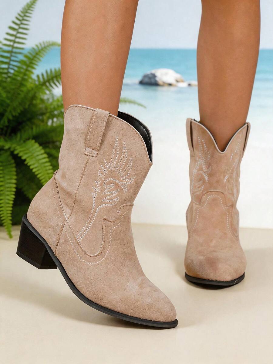 Fall/Winter 2025 Women's Retro Embroidered Mid-Calf Boots, Mid-Heel Pointed Toe Western Boots, Women's Faux Leather Riding Boots,Cowboy Boots - Khaki - View 1