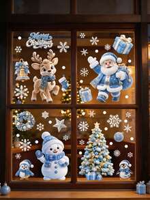 Christmas Window Decals Easy Peel Easy Stick No Residue Double-Sided Window Stickers - Includes Snowman, Blue Santa Claus, Deer, Penguin, Christmas Tree, Gift Box, Bell Wreath, Paired With Snowflake Pattern, Printed With Merry Christmas Text - Multicolor - View 3