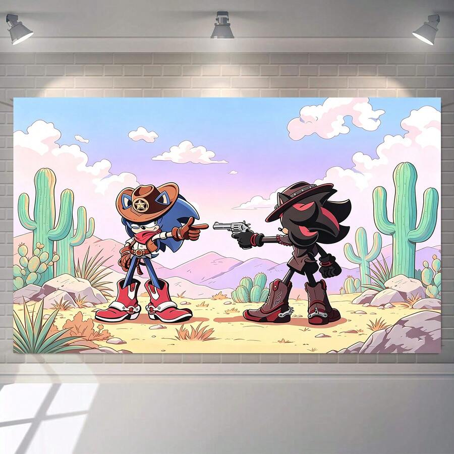 Sonic 西部牛仔決鬥派對背景布,戶外沙漠仙人掌風景攝影背景,男孩遊戲生日派對牆面裝飾 - 彩色 - 查看 1