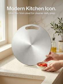 Powcan Stainless Steel Round Cutting Board With Handle, Brushed Metal Finish. Durable Kitchenware For Meat, Veggies, & Dough. Easy-Clean & Lightweight. Ideal For Home Hospitality, School, & Lunch Box Prep. - 1PC - View 2