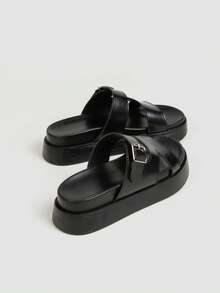 Women's Adjustable Buckle Thick Sole Sandals, Black Cross Strap Soft Cushion Thick Sole Summer Slip-On Mule Shoes - Black - View 4