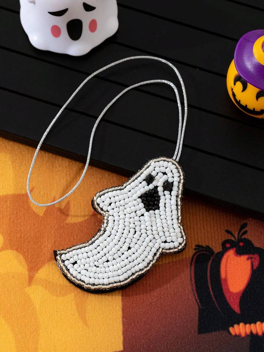 1pc Halloween Seed Bead Handmade Sewn Pumpkin Ghost 3D Funny Design Women's Bag Keychain Pendant,Bag Charms - White - View 1