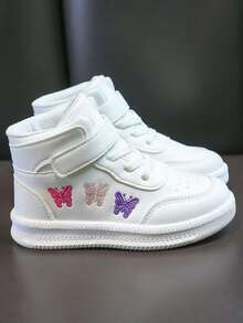 High-Top White Sneakers Cute Embroidery Hook And Loop Strap Soft Sole Anti-Slip Kids Casual Sports Shoes - White - View 3