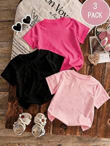 Set de 3 camisetas de niña con estampado de dibujo animado de capibara, de cuello redondo y manga corta para el verano - Rosa Fucsia - Ver 2