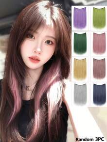 3pcs Women's Synthetic Long Straight Rainbow Hair Extensions, Halloween Dual-Tone Highlight Invisible Hair Pieces, Clip-In Hair Extensions, Ear-Hanging Hair Pieces, Highlight Hair Extensions, One-Piece Dopamine Colorful Gradient Hair Extensions, Seamless Volume Hair Extensions - Multicolor - View 14