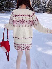 Women's New Autumn/Winter Atmosphere Pattern Pullover Sweater And Skirt 2 Pieces Set, Suitable For Christmas - Red and White - View 2