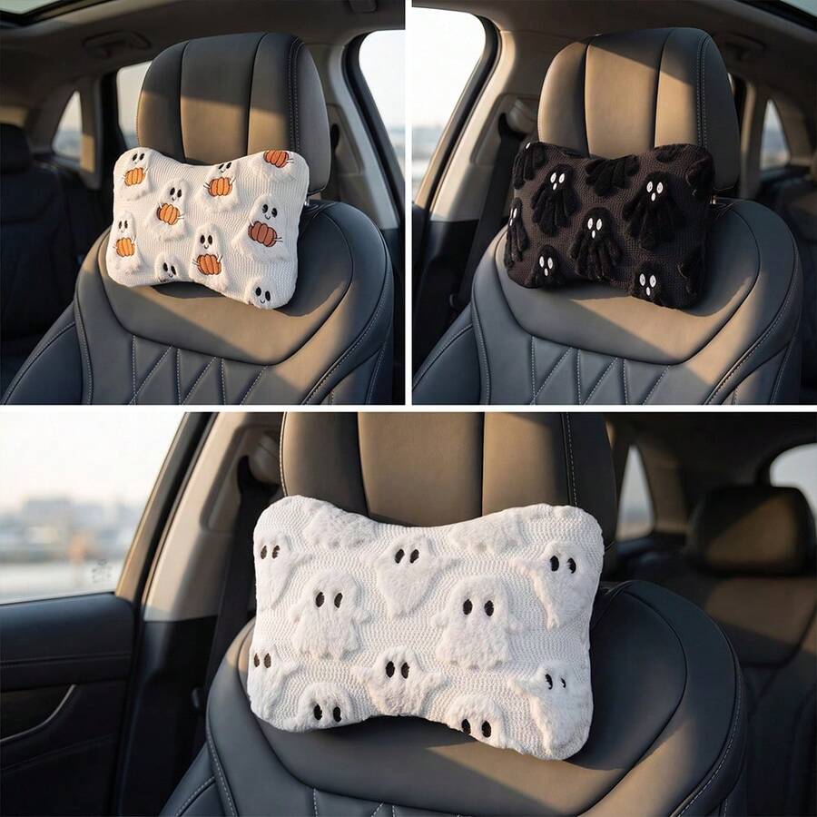 1pc Soft Knitted Touch Car Seat Neck Pillow, Halloween Little Ghost Pattern, Travel Relaxation Head And Neck Support Pillow, Comfortable Car Cushion, All-Season Use - A - View 1