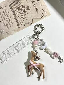 鹿造型鑰匙圈吊飾，蕾絲珍珠蝴蝶結包包掛飾，韓系甜美苜蓿背包掛鍊，Y2K甜美女孩風禮物 - 彩色 - 查看 2