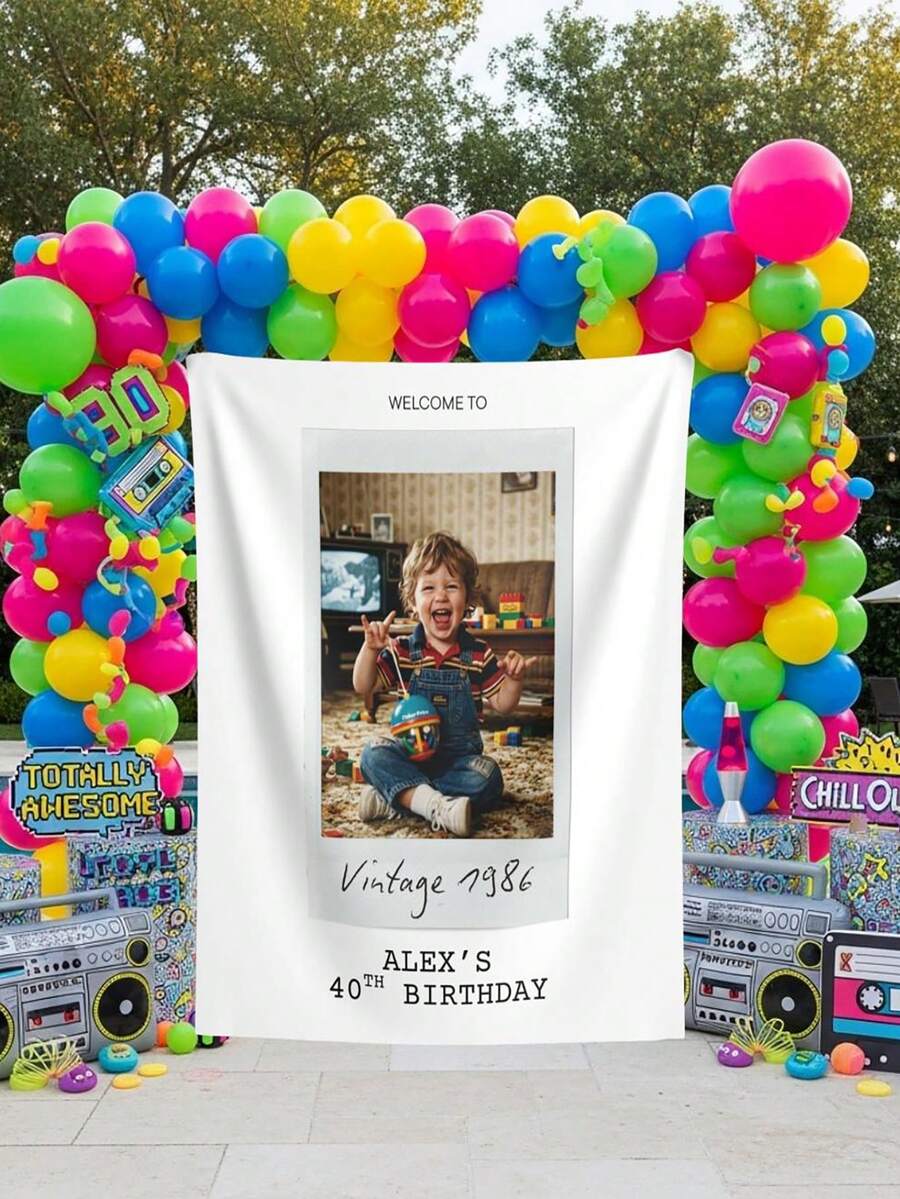 1pc Customized Vintage Photo Birthday Backdrop - Personalized Vintage Photo Portrait Welcome Sign, Milestone Birthday Party Banner, Nostalgic Tapestry Decor - Multicolor - View 1